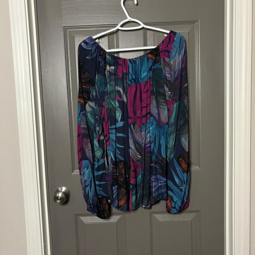Karen Kane Navy Multicolor Tropical Print Peasant Blouse